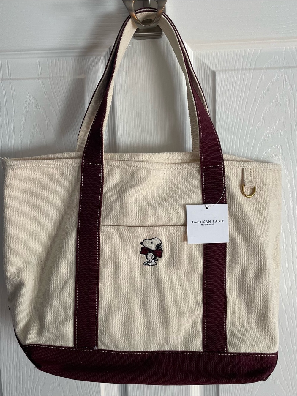 American Eagle Outfitters Cream & Burgundy Canvas Tote with Snoopy Bow Tie